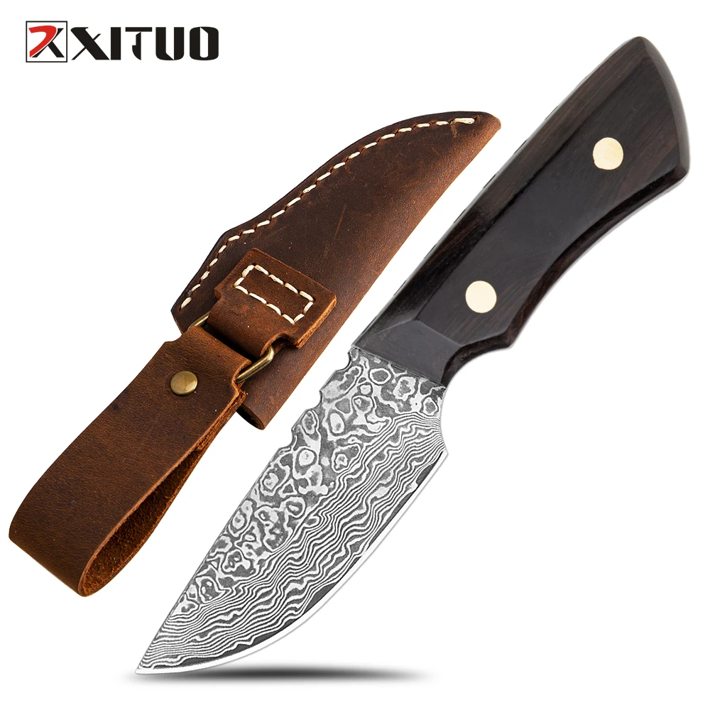 

XITUO Damascus Steel Knife DIY Knife Blank sharp Outdoor Survival Pocket Knife Hunting Camping Tools Crazy Horse Leather Scabbar