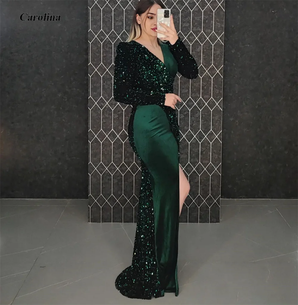 

High Split V Neck Prom Gown Elegant Floor Length Sequined Occasion Dress Robe De Soirée Women Long Sleeves Evening Party Dress