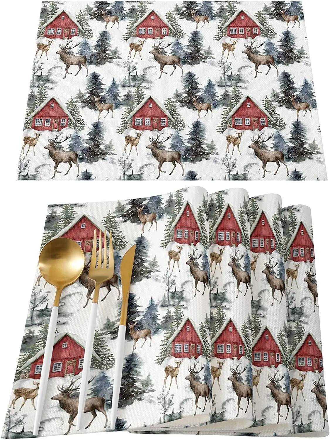

Placemats Set of 4 Non Slip Heat Insulation Place Mat Christmas Reindeers Elks Pine Tree Barn Washable Table Mats Winter Scene