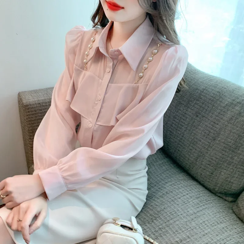 Осень 2023 новая легкая рубашка во французском стиле с рюшами и длинными рукавами