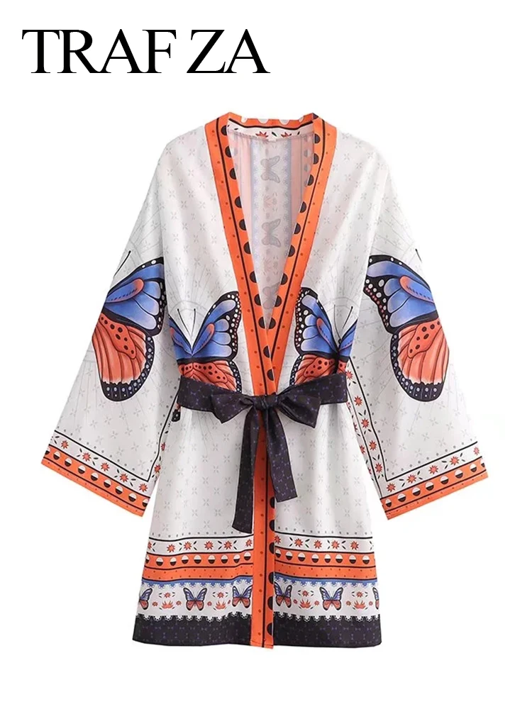 

TRAF ZA Printed Retro Butterfly Dress Wide Long Sleeve Cardigan Lace Up Bow Elegant Slim Sexy Chic Women's Fashion Short Dress
