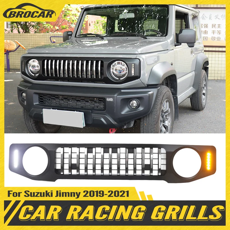 

Fit For Suzuki Jimny JB64 JB74 2019 2020 2021 Car Racing Grills with LED Lamps Car Front Kidney Grille Mesh Black Grille Cover