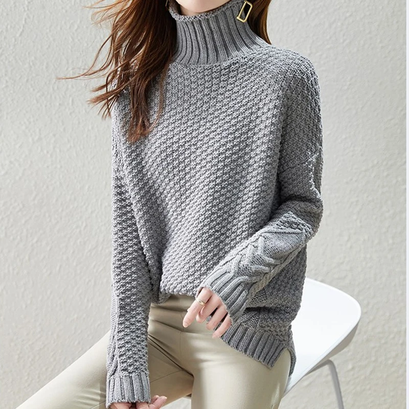 

Casual Loose Solid Knitted Sweaters Chic Tops Vintage Long Sleeve Pullover Sweater Autumn Winter Turtleneck Women Clothing 24011