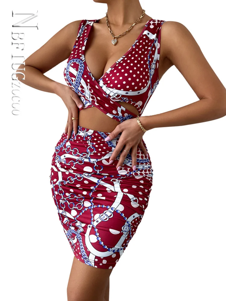 

Women V Neck Fashion Print Bodycon Dress Sleeveless Cutout Backless Club Party Dress Summer Wrapped Hip Mini Dresses