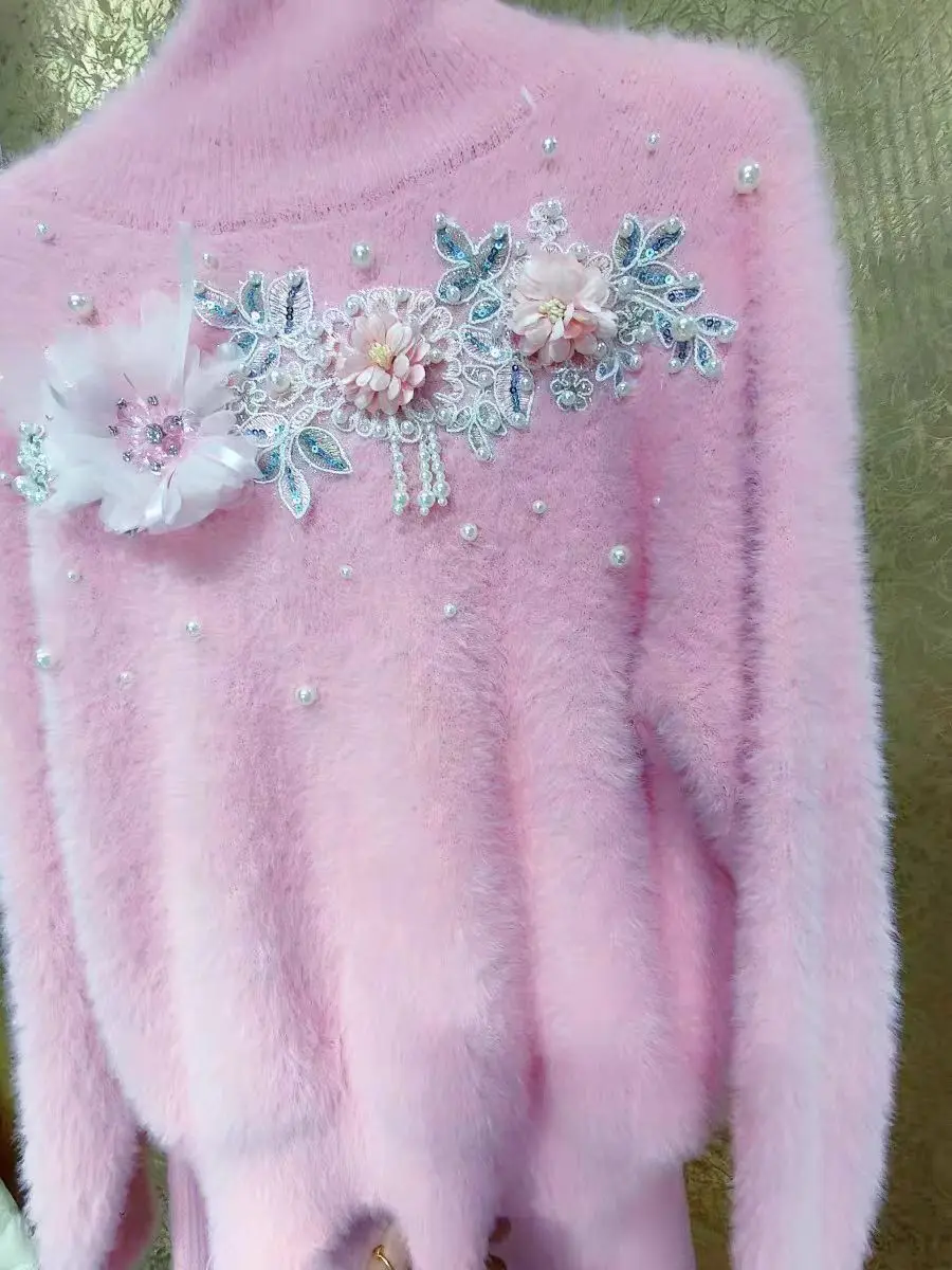 Новый свитер с жемчугом и бисером кисточками цветами толстым искусственным