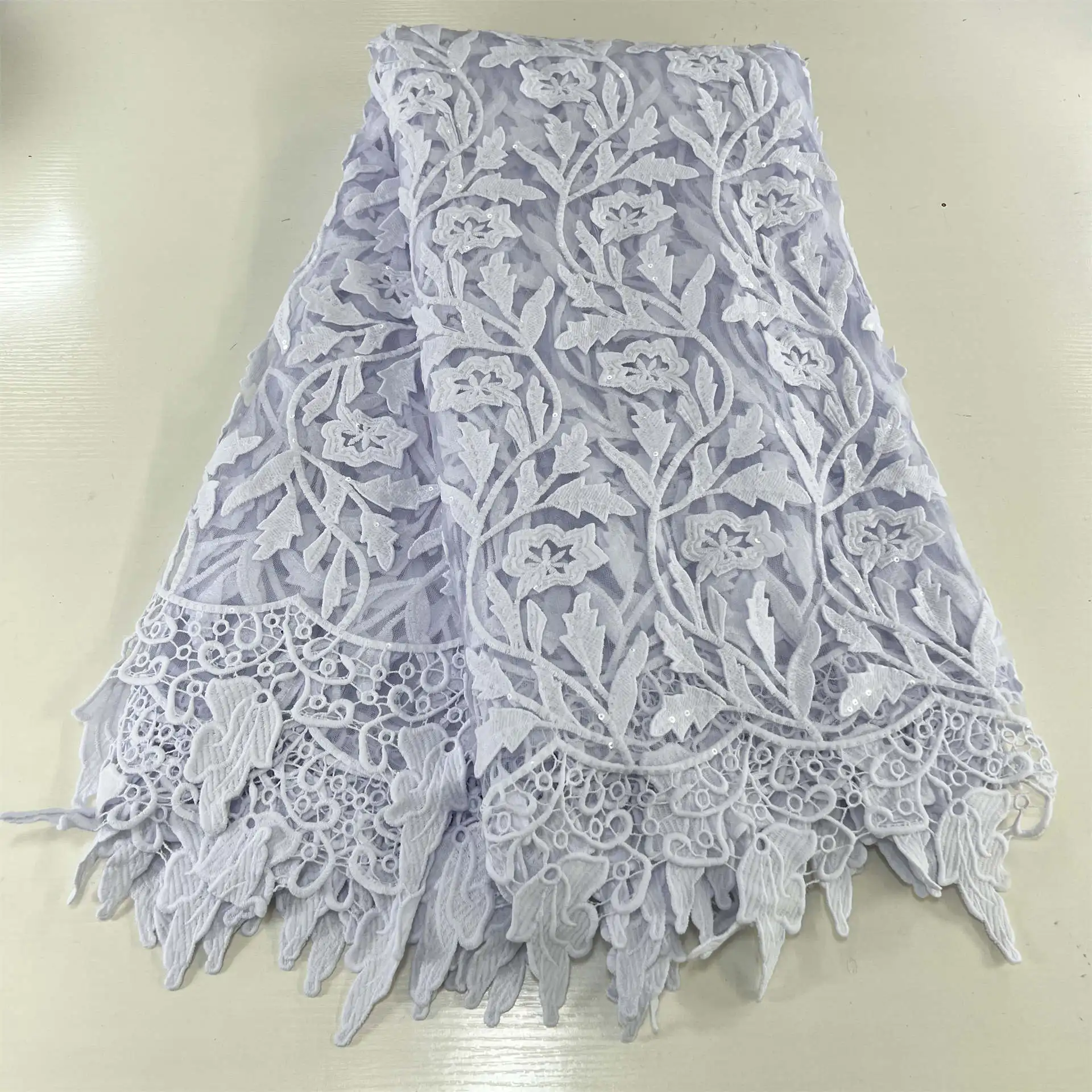 

French Lace Fabric Embroidered with Sequince Guipure Fringe Tulle Lace 2022 High Quality for Bridal Wedding White Dress LSSN04