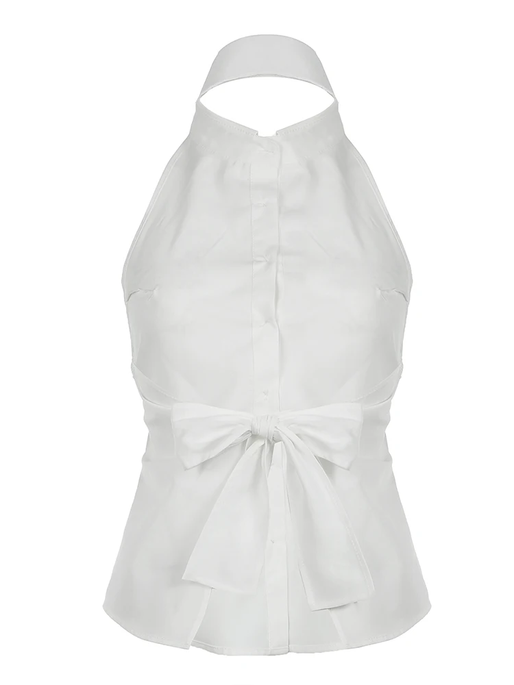 Фото Милые рубашки без рукавов с открытой спиной и галстуком-бабочкой для женщин, однобортные отложные рубашки с v-образным вырезом, сексуальные топы с лямкой на шее, однотонные летние каникулы №5