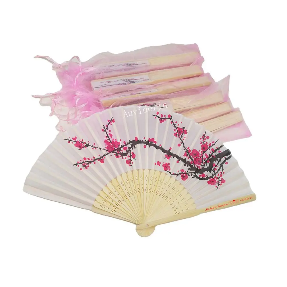 

20/80pcs Personalized Plum Blossom Flower Fan Wedding Favors for Guest Folding Hand Fans with Organza Gift Bag