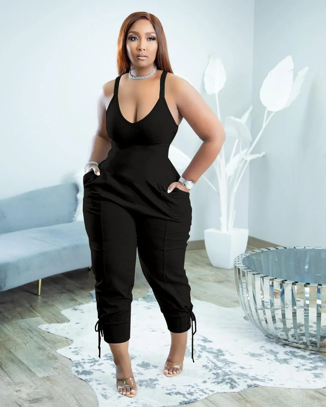 

Sexy Spaghetti Strap Sleeveless Jumpsuit with Pockets Women Bandage Bottom Casual Romper Solid Y2k Clothes One Piece Overalls