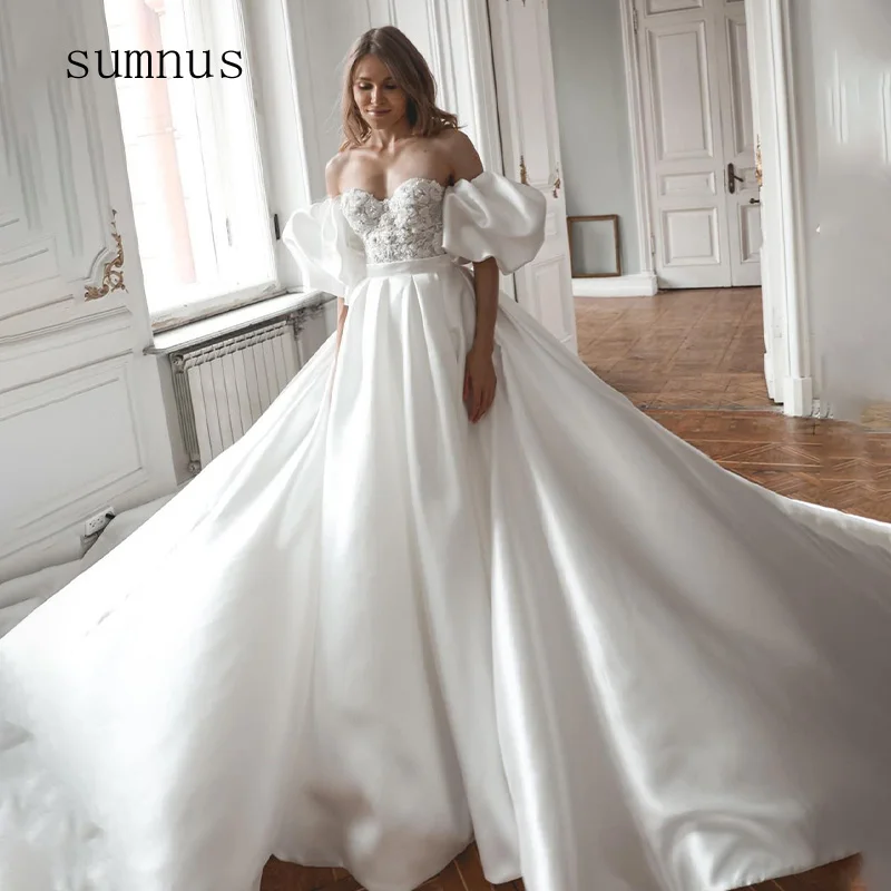 

Luxury White Satin Wedding Dress Swetheart Detachable Sleeve Pleats Bride Ball Gown A-line Princess Wedding Gowns Robe de Mariee