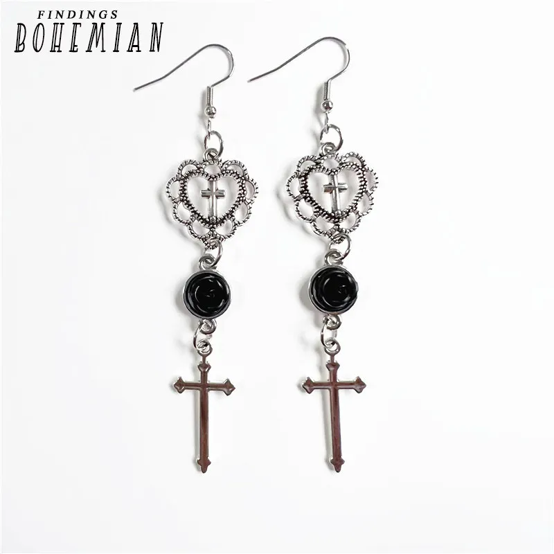 

New Fashion Filigree Heart-shaped Cross Pendant Earrings, Onyx, Rose, Heart-shaped, Cross, Gothic, Gifts for Ladies