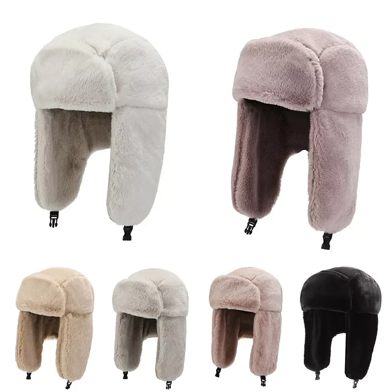

Fashion Women Winter Warm Faux Fur Bomber Hats Black White Solid Color Thicken Earflap Caps Autumn Winter Ear Protect Ski Hat
