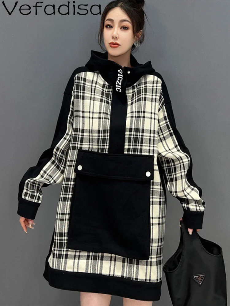 

Vefadisa Women Long Sleeves Hooded Sweatshirt Loose Wild Big Pocket Splicing Lattice Printing Sweatshirt 2023 Autumn LHX2320