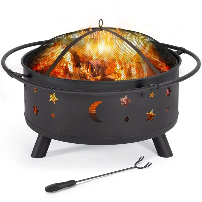 

Round Fire Pit With Stars Moons Pattern, Black