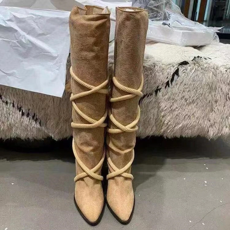 Soft Suede Leather Short Boots Autumn Winter Daily Shoes Spike High Heel Women's Knee high Boots Cross Rope