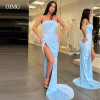 oimg light bue mermaid long evening dresses strapless high slit sexy party dresses women stretch satin prom gowns robe de mariee