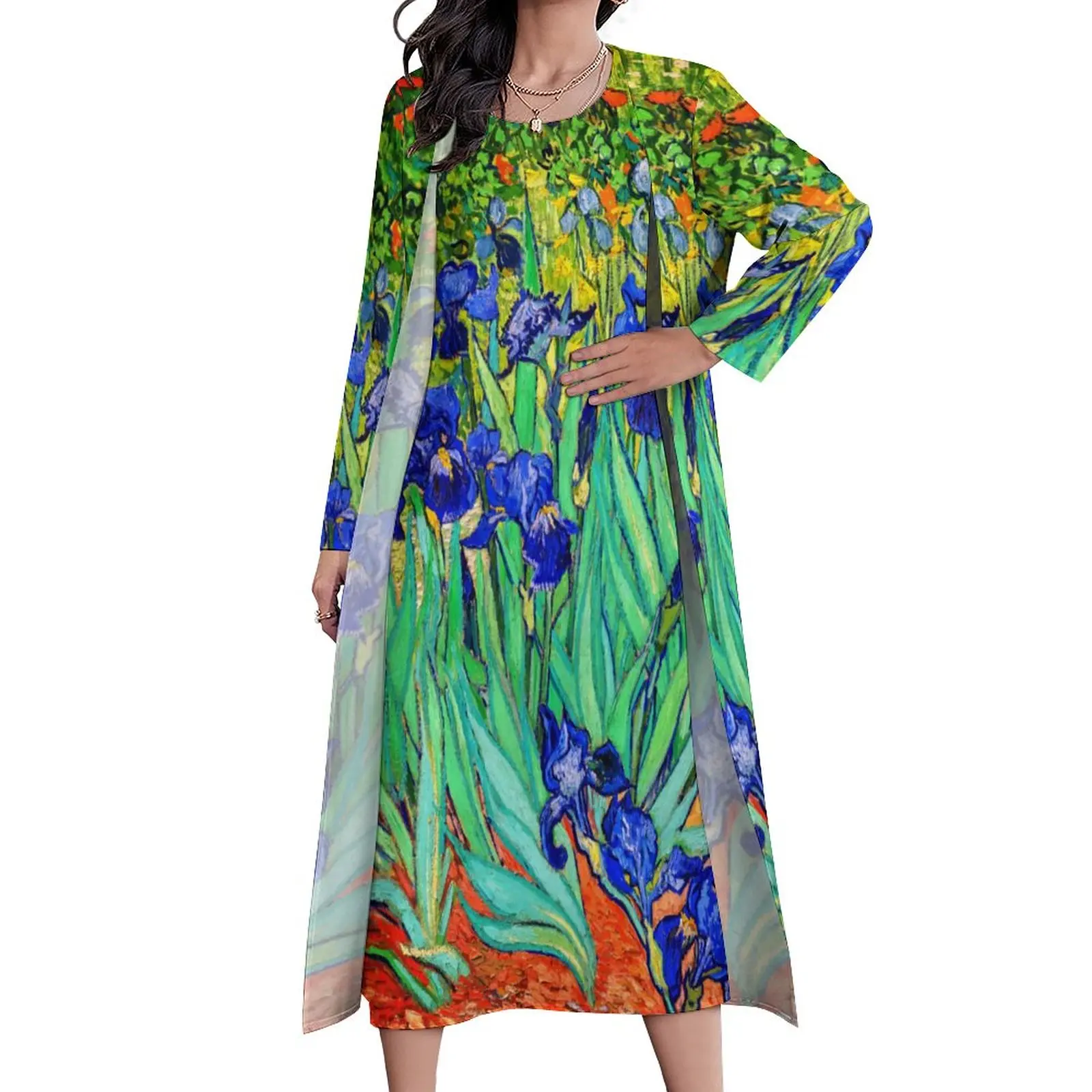 

Vincent Van Gogh Dress Irises Flower Print Elegant Maxi Dress Aesthetic Bohemia Long Dresses Autumn Long Sleeve Graphic Vestido
