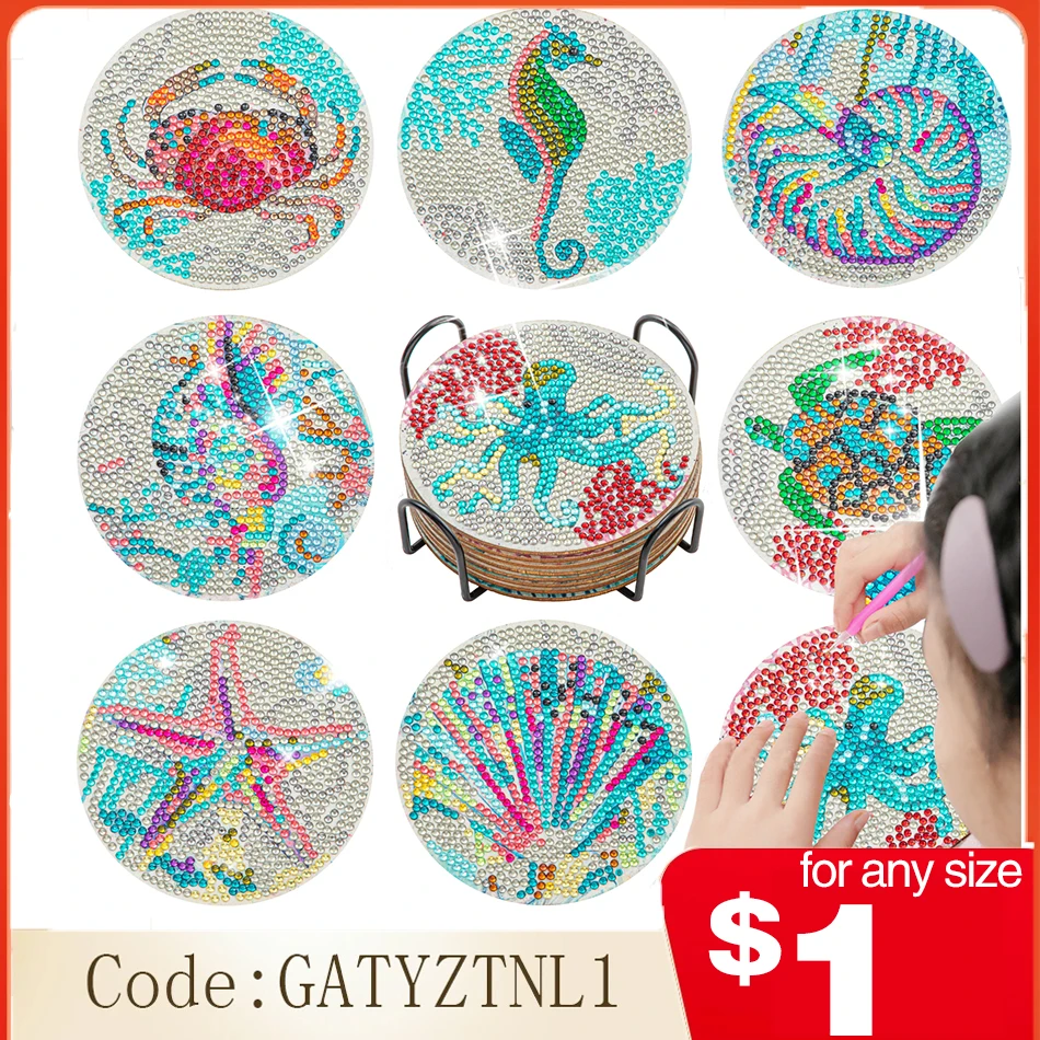 

GATYZTORY 8pc/sets Diamond Painting Coasters Kits Ocean Drinks 5D DIY Coaster Diamond Art Kits For Adults Kids Beginners