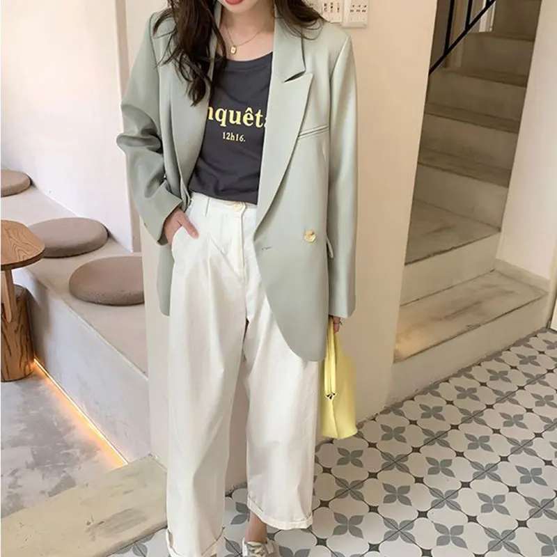 2022 Korea Women Chic Office Lady Double Breasted Blazer Vintage Green Coat Fashion Notched Collar Long Sleeve Ladies Outerwear