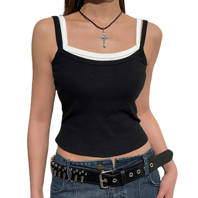 

Женский топ-майка из двух предметов, облегающий Топ контрастных цветов в рубчик в стиле Харадзюку на бретелях, уличная одежда y2k, лето 2023