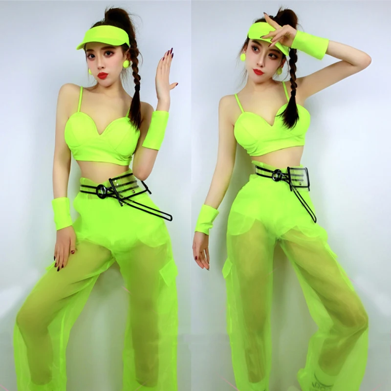 

Танцевальные костюмы в стиле хип-хоп, флуоресцентные зеленые сексуальные прозрачные бикини, женский современный костюм для джазовых танце...