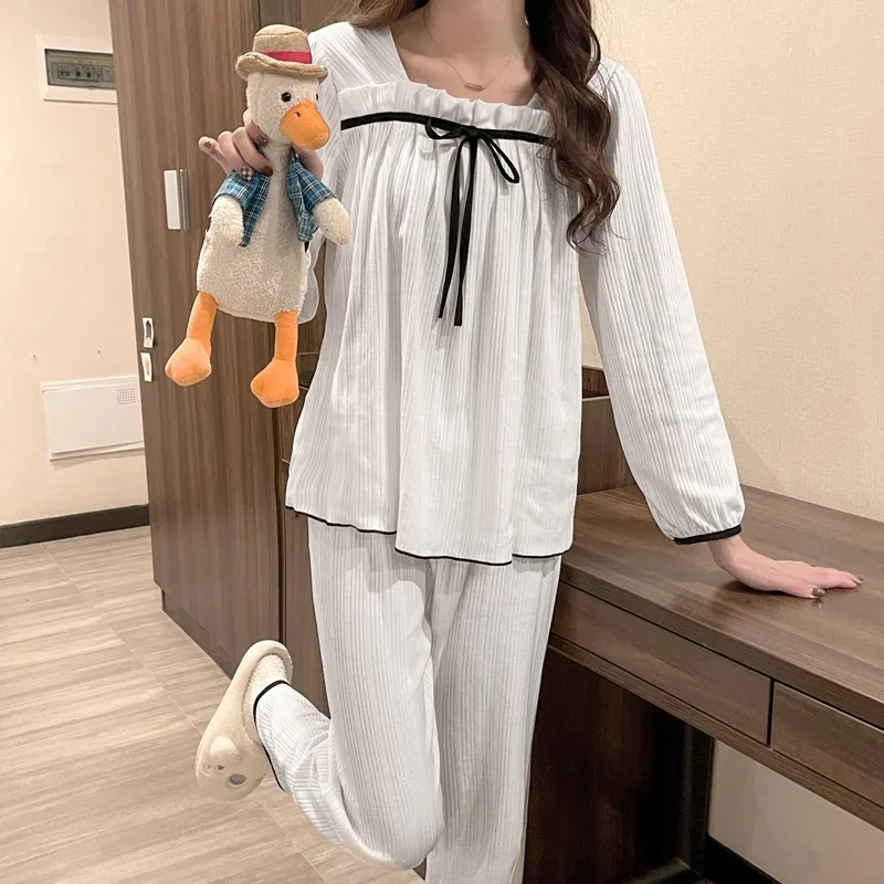 2022 Spring Autumn New Sweet Court Fengmu Ear Square Neck Pajamas Women's Lovely Bow Long Sleeve Home Clothes Female Sleepwear