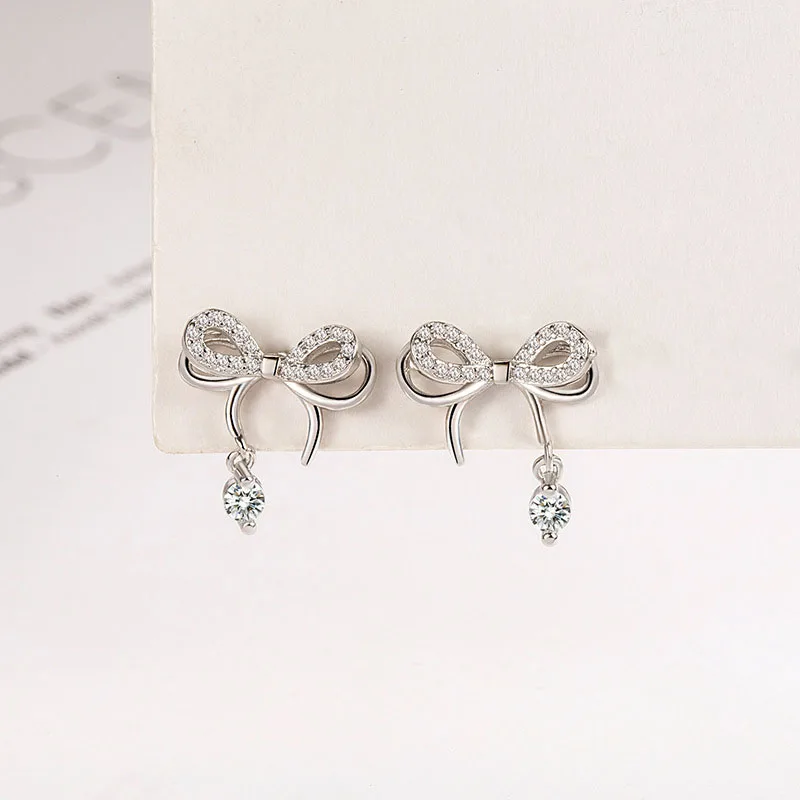 

KOFSAC Cute Zircon Bow-knot Stud Earrings Female Fashion Chic 925 Silver Earring Sweet Girl Women Jewelry Valentine's Day Gifts