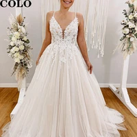 floral lace boho wedding dresses 2022 for womens dresses light champagne a line sexy tulle wedding gowns spaghetti straps