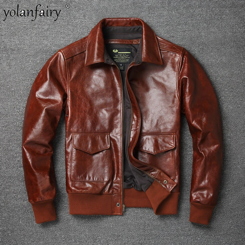 Genuine Leather Jacket Men's Oil Wax First Layer Cowhide Air Force Flight Men's Red-brown Jacket Casual Chaquetas Hombre FCY622