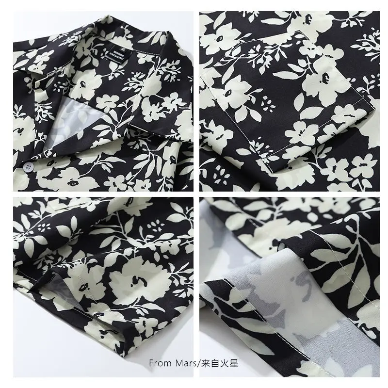 Black and White Camellia short sleeve shirt  Retro Unisex Style Hawaiian Short Sleeve Shirt  Loose and Idle Men Clothing