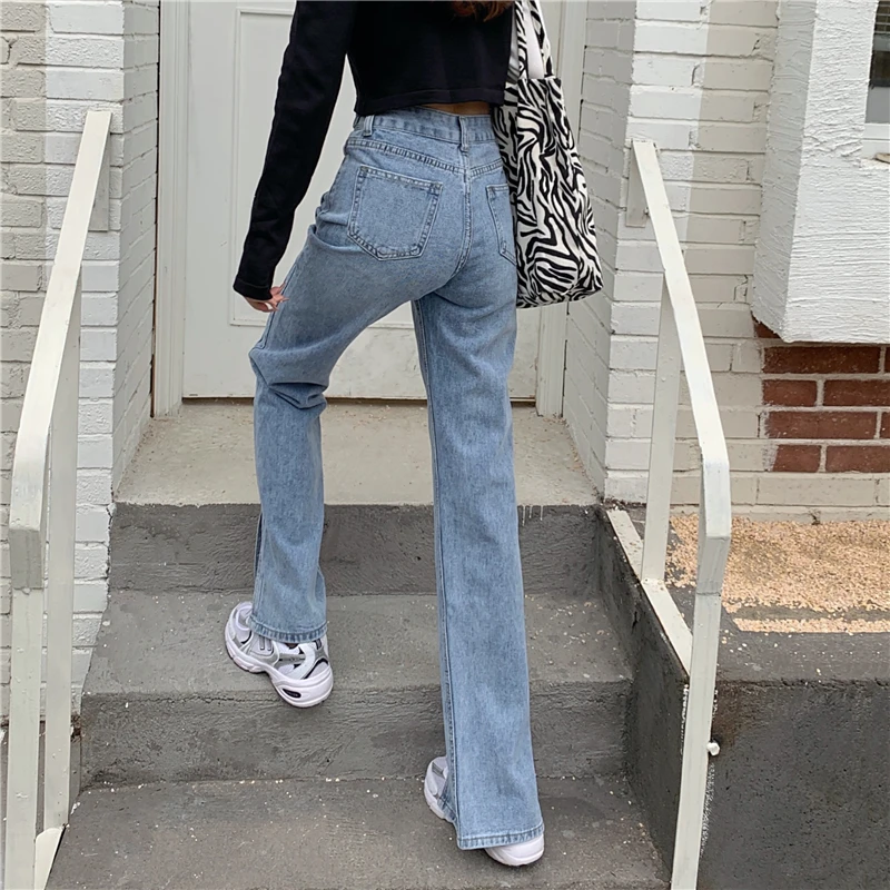 

N4270 High waist slim denim trousers new split straight leg jeans