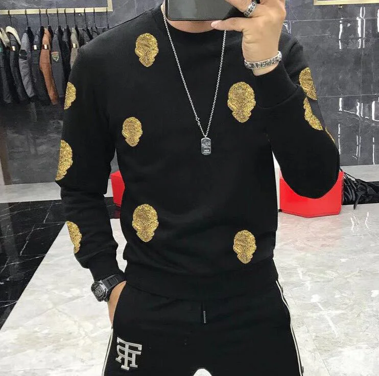 Зимние мужские толстовки с круглым вырезом Мужская толстовка со стразами