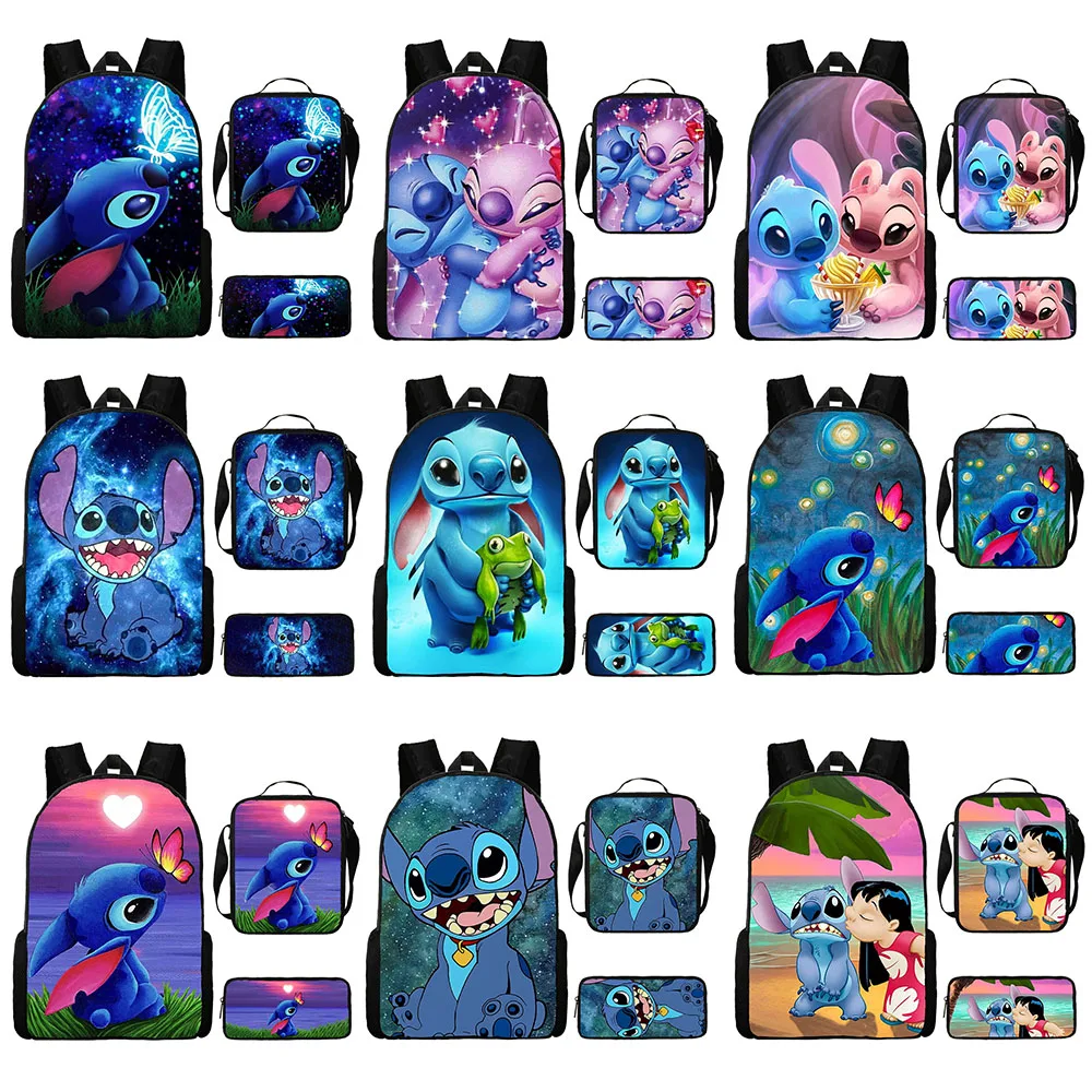 Фото Набор из 3 предметов серии Stitch: школьный рюкзак для детей, сумка для ланча для мальчиков, пенал для школьников, школьные принадлежности большой вместимости. №1