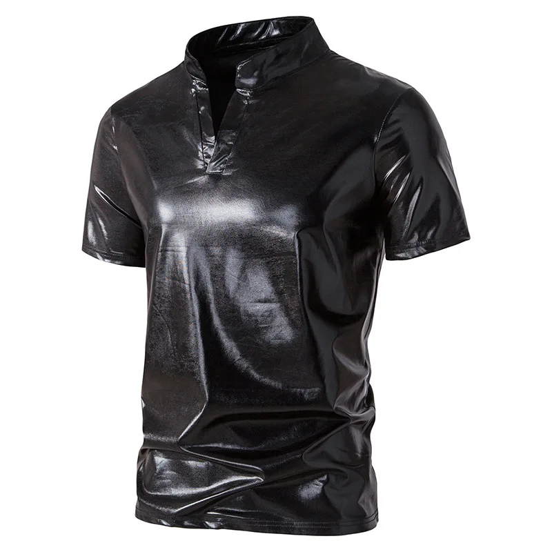 Men Gold Shiny Henry Neck T Shirt Fashion Short Sleeve Coated Metallic Nightclub Disco Party T-shirt Hip Hop Homme Costume 2023 images - 6