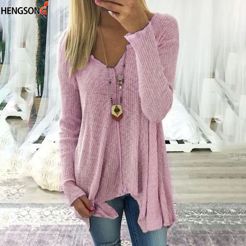 

Женский свитер, осенние пуловеры, топы, однотонный базовый джемпер с V-образным вырезом, свитеры с длинным рукавом, женский длинный Асимметр...