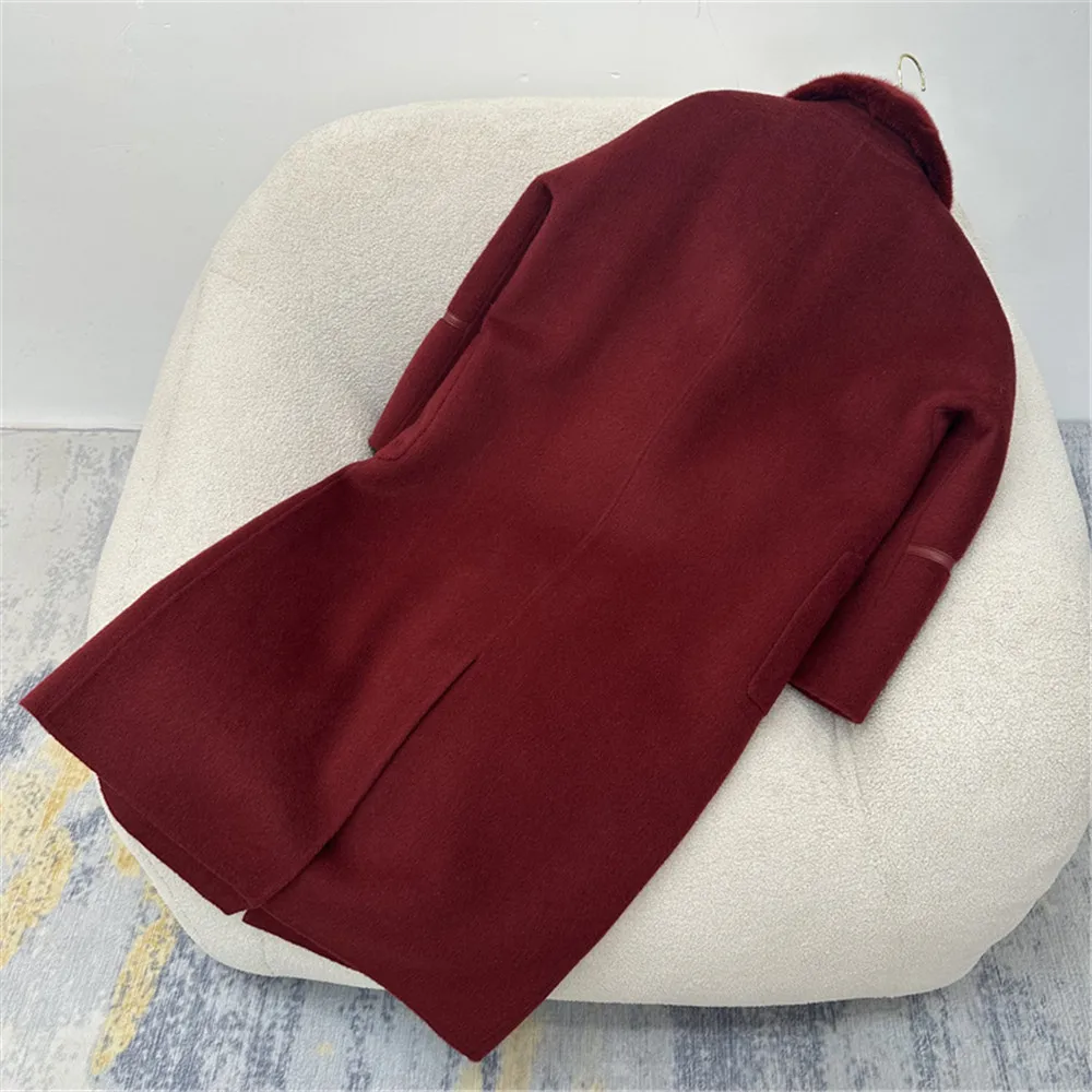 High End Double-Faced Cashmere Coat For Women 2024 Autumn and Winter Loose Mink Fur Collar Over-Knee Long Wool Outerwear