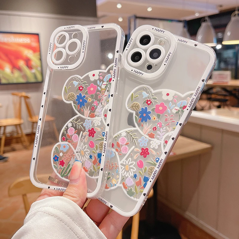 Laser Cartoon Flower Bear Soft Case For Huawei P50 P40 P30 Pro Mate 20 30 40 Nova 9 Honor 60 50 se X10 9X Shockproof Back |