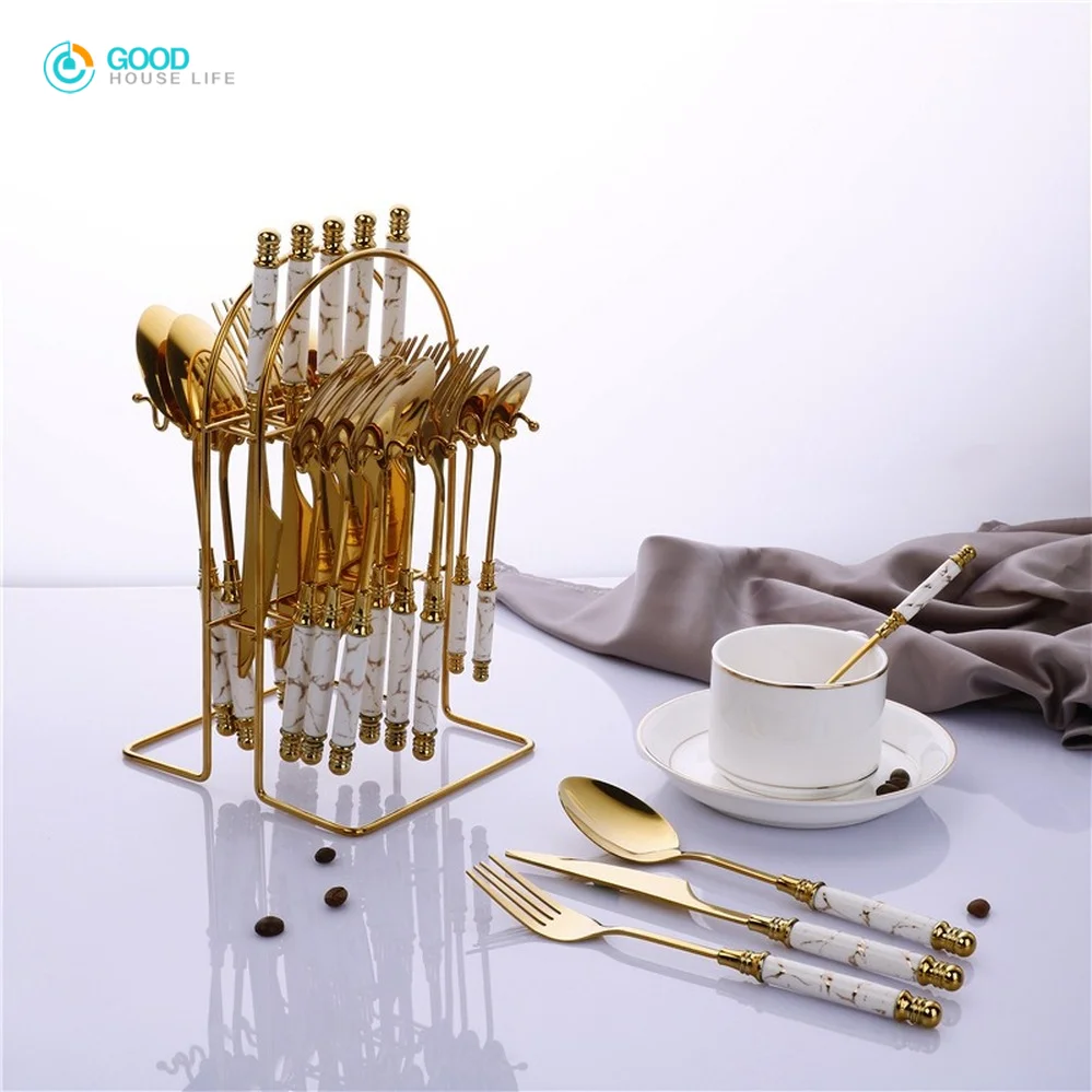 

Nordic Ceramic Handle Stainless Steel Tableware Marble Crack Emerald Knife, Fork and Spoon 24-Piece Set with Drain Rack