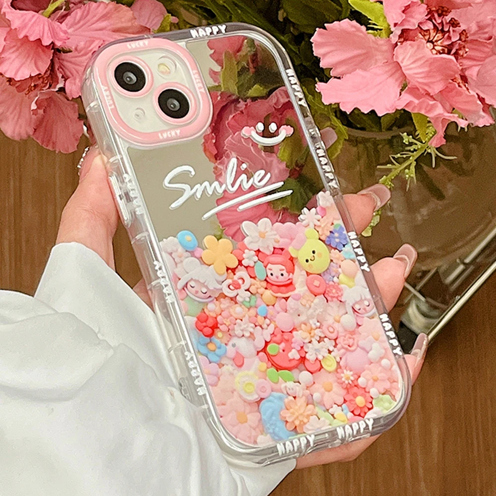 

Pink Art Pattern Flower Mirror Case For iPhone 15 11 14 Pro Max 12 Soft Coque 12Pro 13Pro Cover Cute Shockproof Funda for Girl