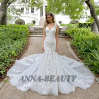 anna elegant mermaid v neck backless wedding dresses tulles appliques sleeveless sweep train vestidos de novia personalised