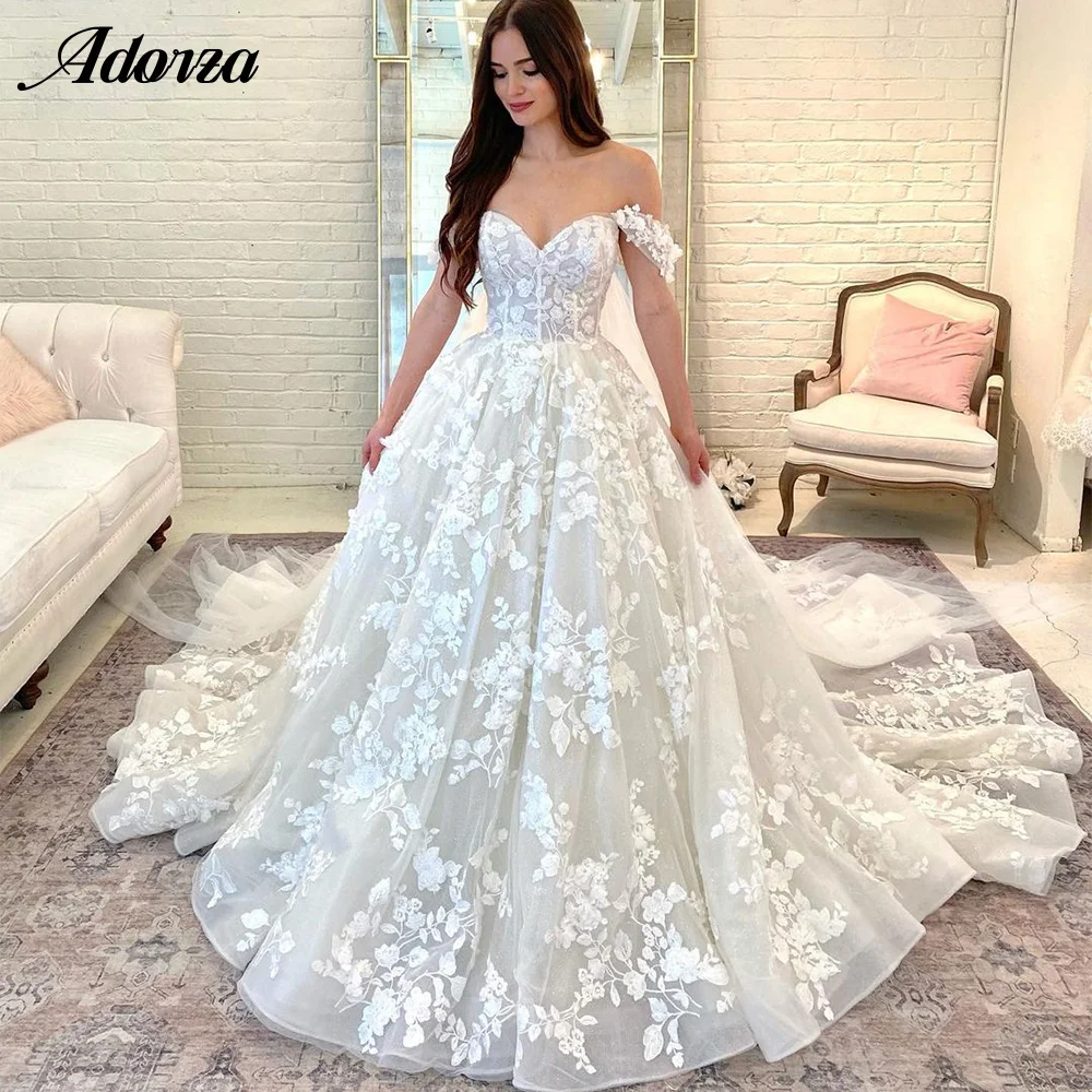 

Princess A-Line Wedding Dress Sweetheart Off-the-shoulder Lace Applique 3D Flower Court Train Bridal Gown Vestido De Noiva