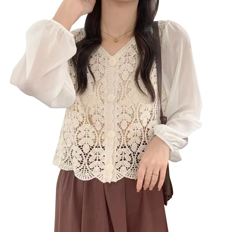 

Crochet Crop Women Hollow Knit Leaves Blouse Chiffon Puff Sleeve Cardigan