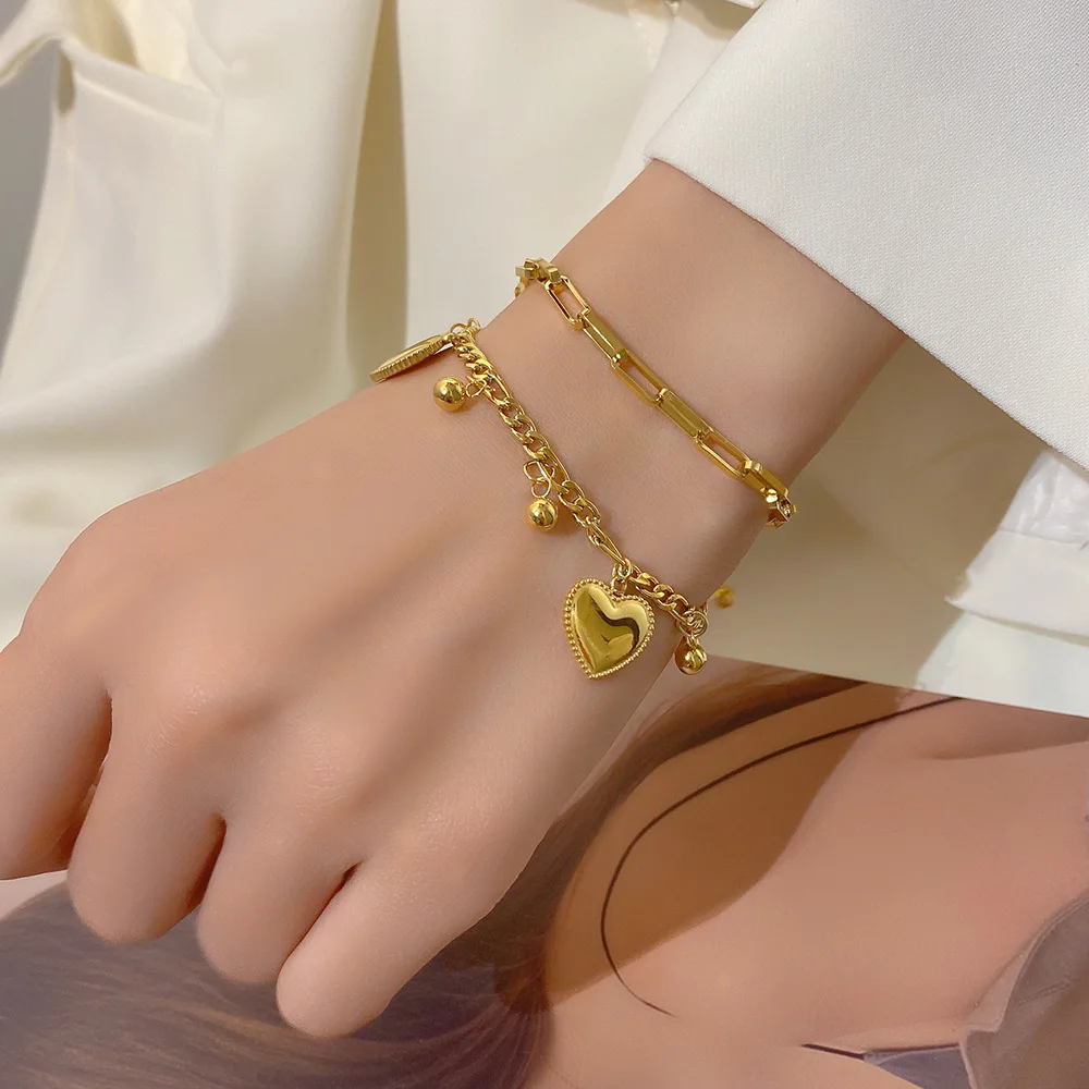 

G&D Luxury Double Virgin Mary Stainless Steel Gold Color Layered Heart Charms Bracelet for Women Jewelry Party Festival Gift