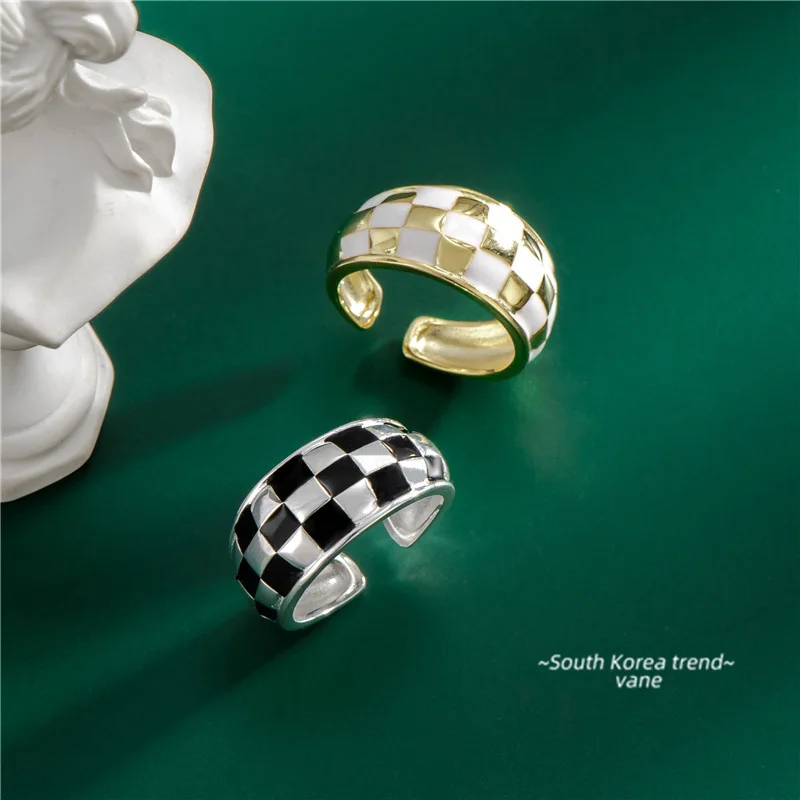 

Real 100% 925 Sterling Silver Checkerboard Open Rings Wide Black and White Korean Style Personality Rings Jewelry