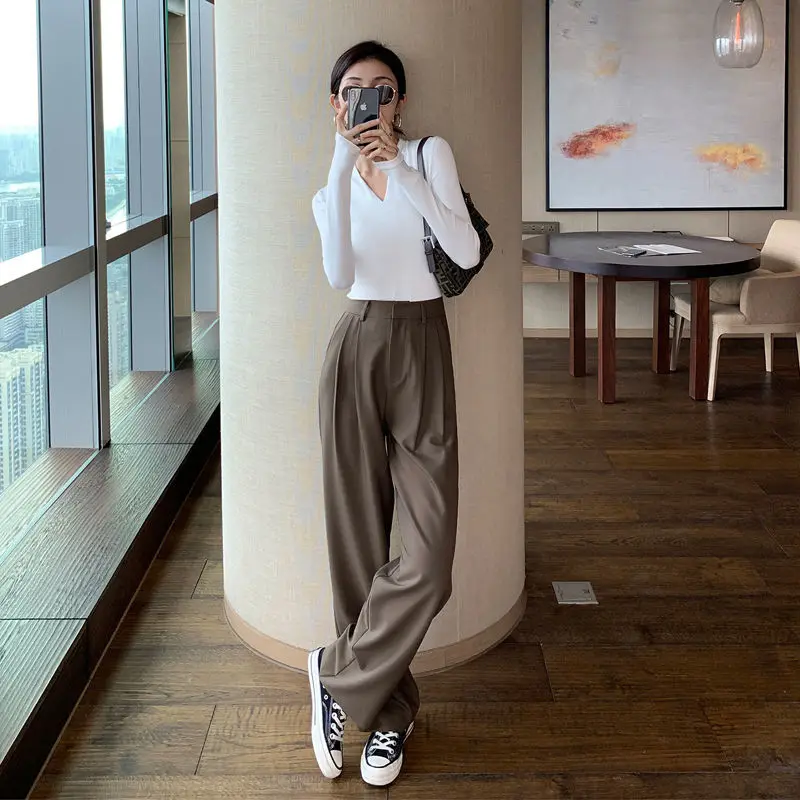 

Women Solid High Waist Pant Office Ladies Korean 2023 New Spring Summer Fashion Loose Female Wide Leg Long Trousers S66
