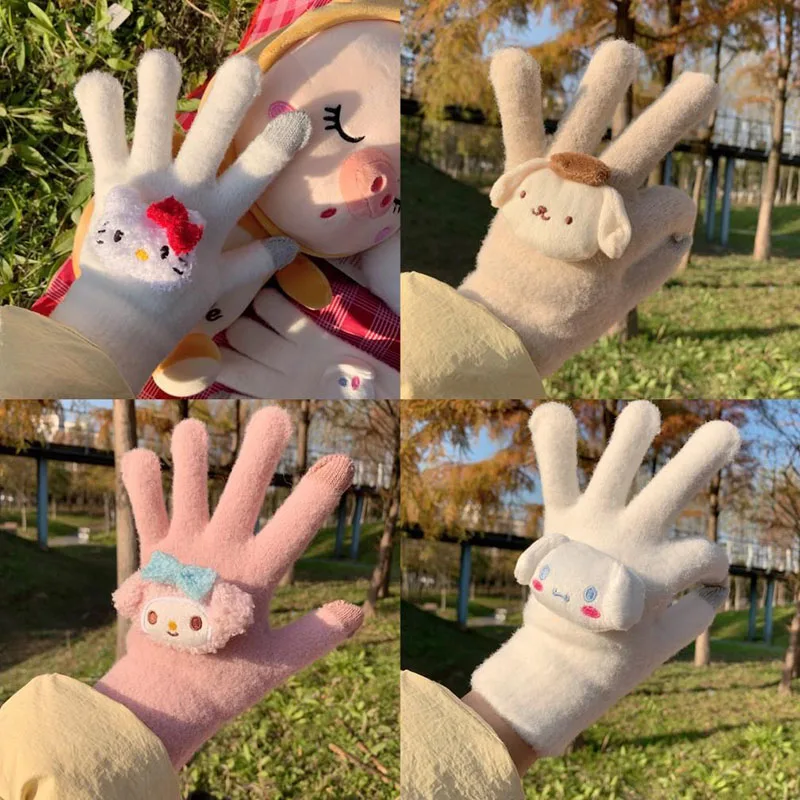 

Cartoon Cinnamoroll Plush Gloves Kawaii Sanrio My Melody Girl Heart Creative Winter Can Flip Thick Warm Gloves Gifts for Girls
