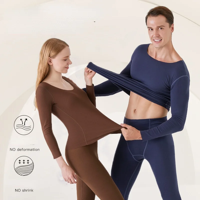 

Men's and women's German velvet thermal underwear set double-sided brushed seamless round neck slim bottoming shirt