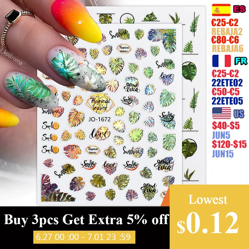 

3D наклейки для ногтей с зелеными листьями, голографические цветы, клейкие наклейки, дизайн ногтей, летние тропические украшения для ногтей, ...