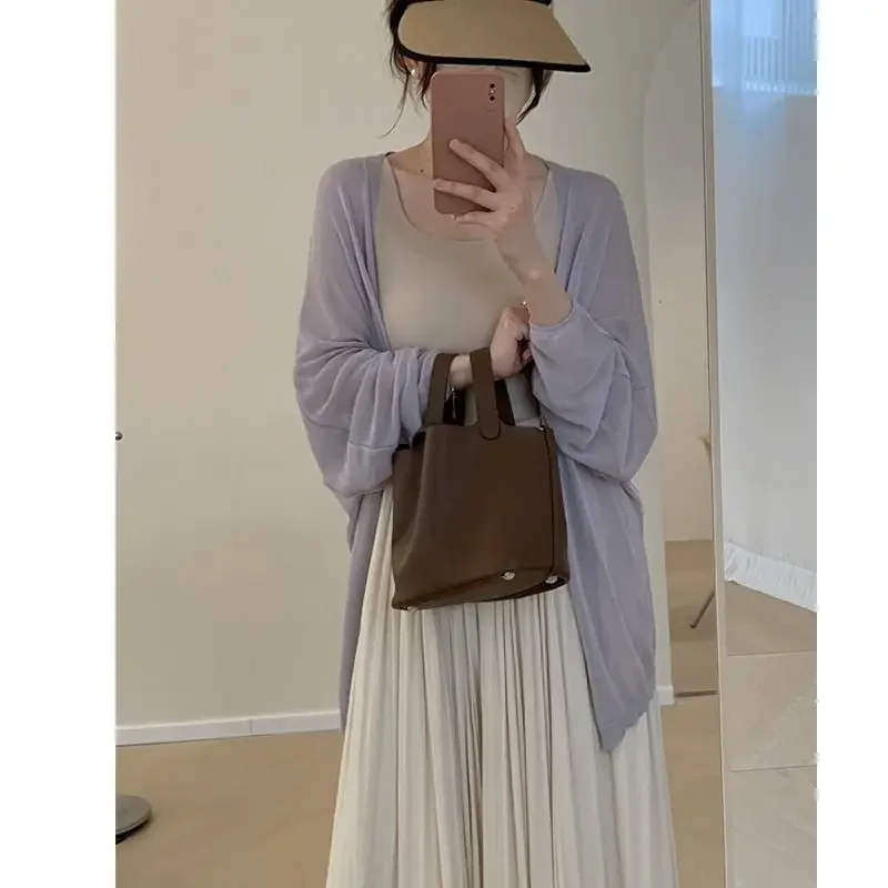 Летний тонкий вязаный кардиган женский повседневный стиль средней длины защита