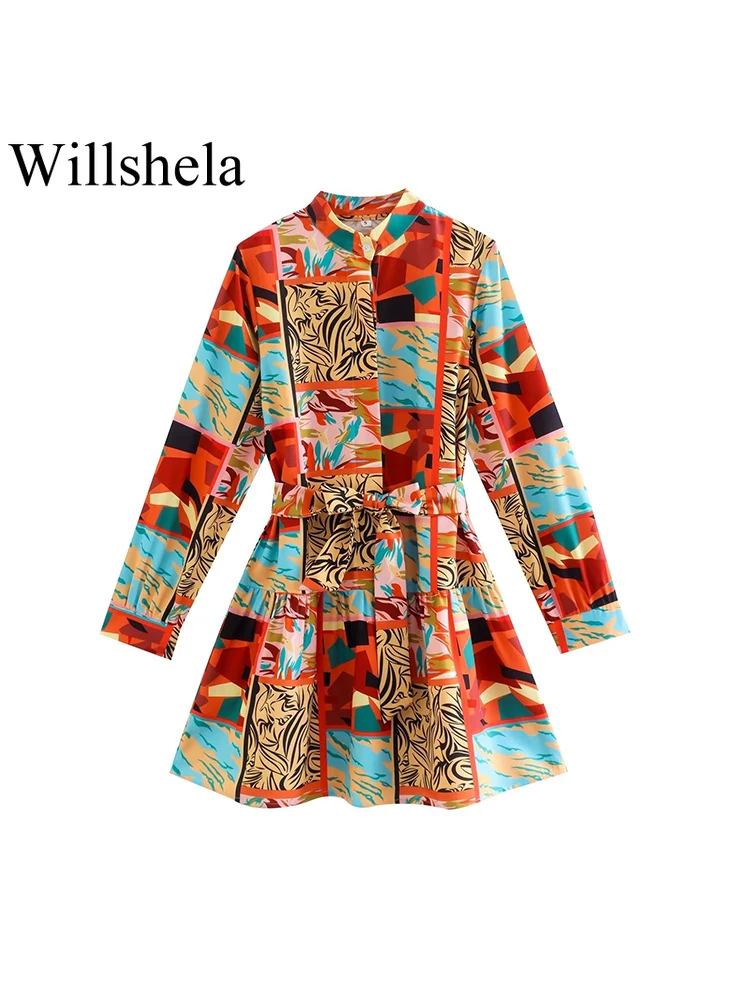 

Willshela Women Fashion Printed Mini Dress With Belt Vintage Single Breasted Lapel Neck Long Sleeves Female Chic Lady Dresses